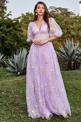 Purple V-Neck Embroidery Long Prom Dress with Sleeves