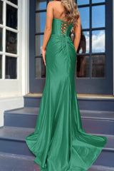 Royal Blue Corset Mermaid Draped Satin Long Prom Dress with Slit