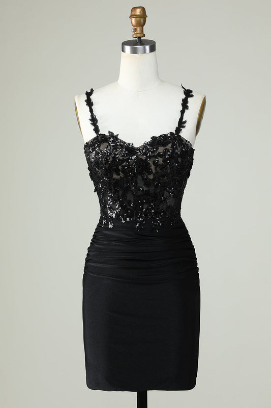 Sheath Spaghetti Straps Black Short Homecoming Dress with Appiques