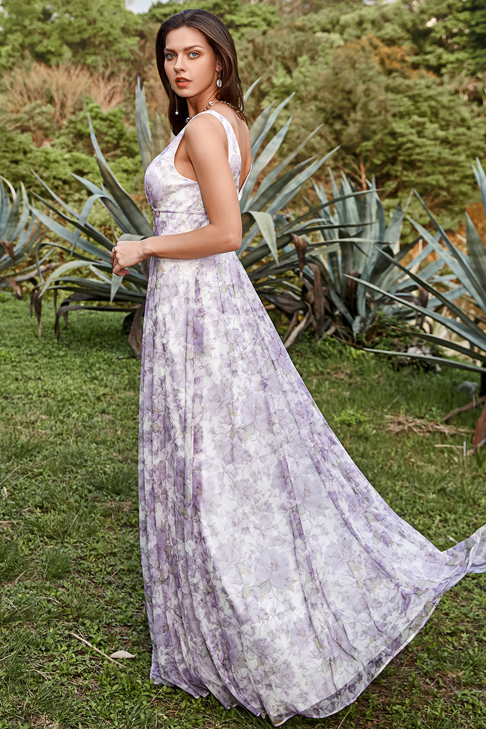 Ivory Purple Floral Chiffon Long Prom Dress with Slit