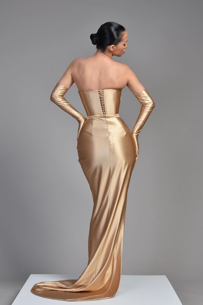 Champagne Half Sleeves Off-the-Shoulder Evening Dress with Pleated Slit