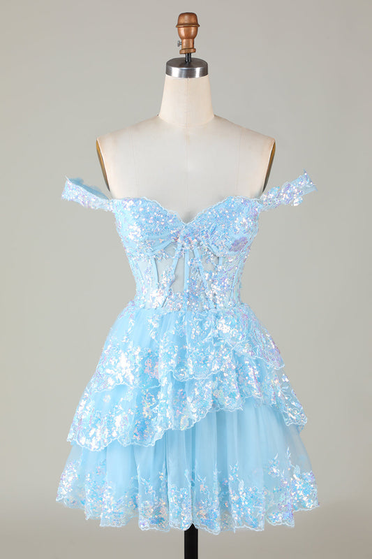 Glitter Blue Asymmetrical A-Line Short Lace Homecoming Dress