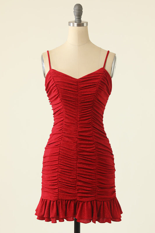 Red Spaghetti Straps Mini Homecoming Dress With Ruffles