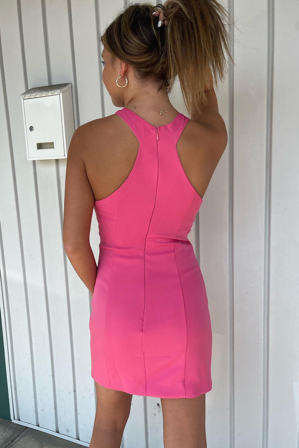 Simple Fuchsia Satin Halter Tight Short Homecoming Dress