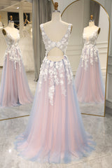 Grey Pink A Line Backless Long Prom Dress With Appliques