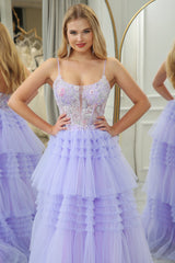 Lilac A Line Tulle Tiered Long Corset Prom Dress With Appliques