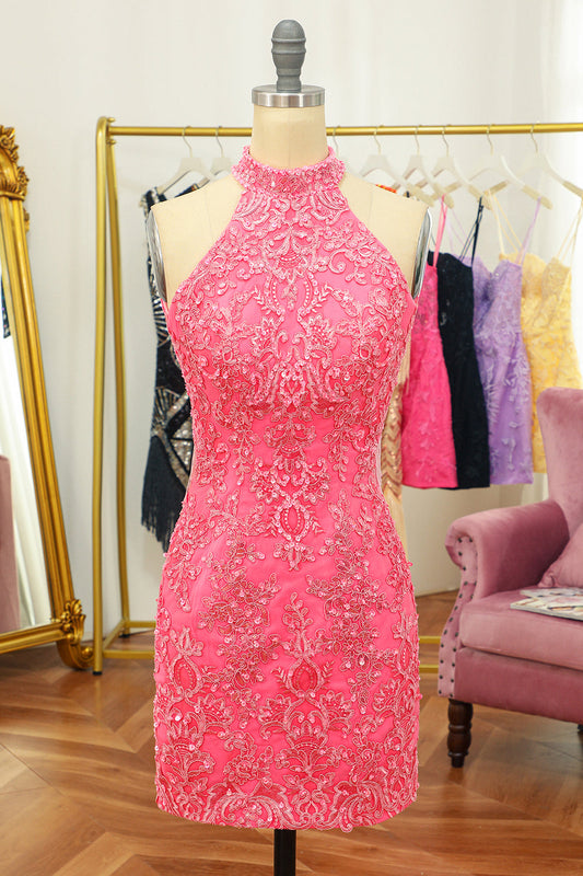 Pink Open Back Halter Lace Tight Short Homecoming Dress