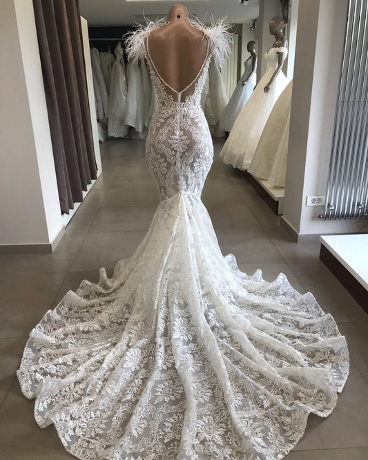 Ivory Wedding Dress Mermaid Lace Bridal Dress With Feathers