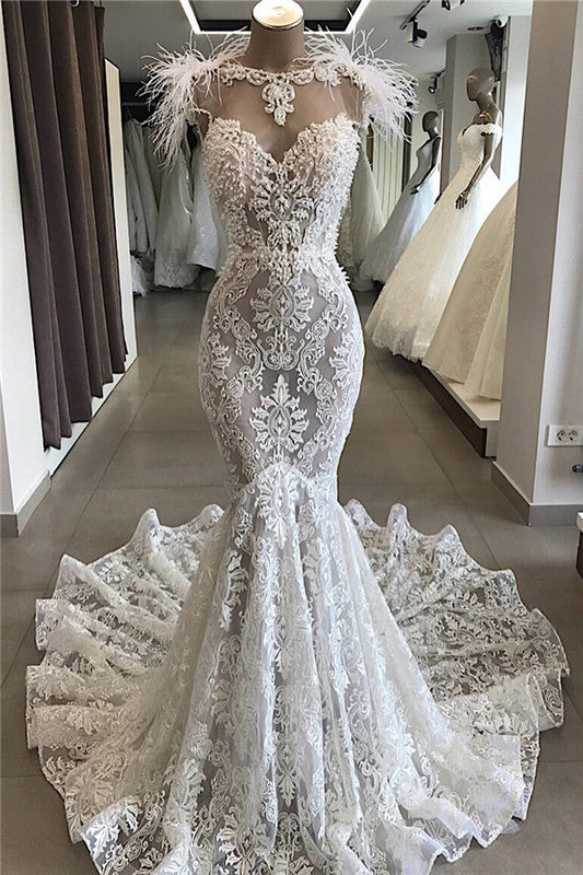 Ivory Wedding Dress Mermaid Lace Bridal Dress With Feathers