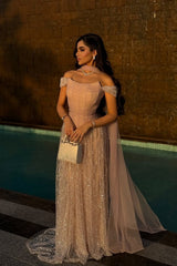 Pink Off The Shoulder Beaded Formal Dress Sequined Tulle A Line Prom Evening Gown