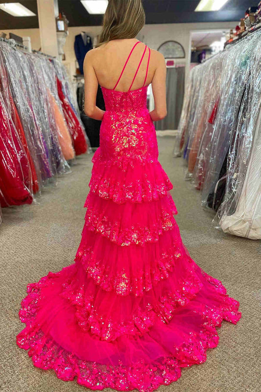 One Shoulder Mermaid Prom Dress Tiered Formal Dress Sequined Tulle Lace Evening Dress