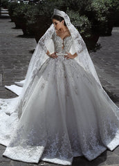 Glamorous Long Sleeves Tulle Appliques Wedding Dress Bridal Ball Gowns