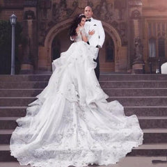 Long Sleeves Tulle High Neck Wedding Dress Appliques Bridal Dress With Panel Train