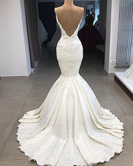 Ivory Mermaid Wedding Dress Spaghetti Straps Satin Appliques Bridal Dress with Panel Train