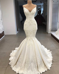 Ivory Mermaid Wedding Dress Spaghetti Straps Satin Appliques Bridal Dress with Panel Train