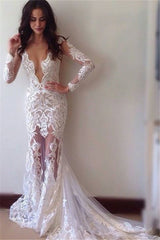 Ivory Long Sleeve Lace Appliques Mermaid Tulle Wedding Dress