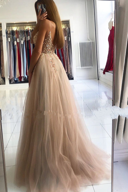 Glamorous V Neck Spaghetti Straps Tulle Prom Dress Beadings Long Evening Gowns