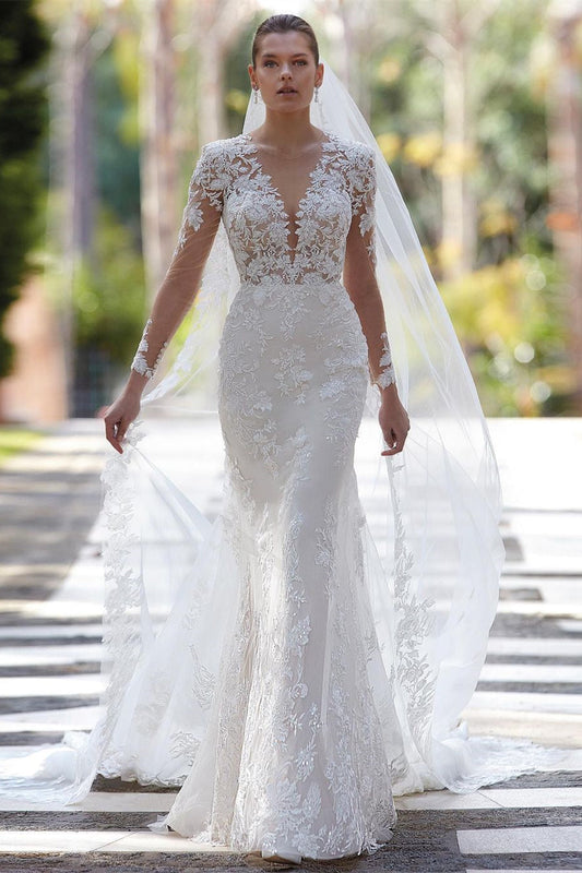 Ivory Wedding Dress V Neck Mermaid Appliques Long Sleeve Bridal Dress