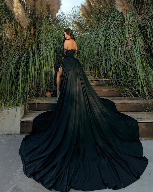 Gorgeous Black Prom Dress Off The Shoulder Holiday Dress Lace With Slit