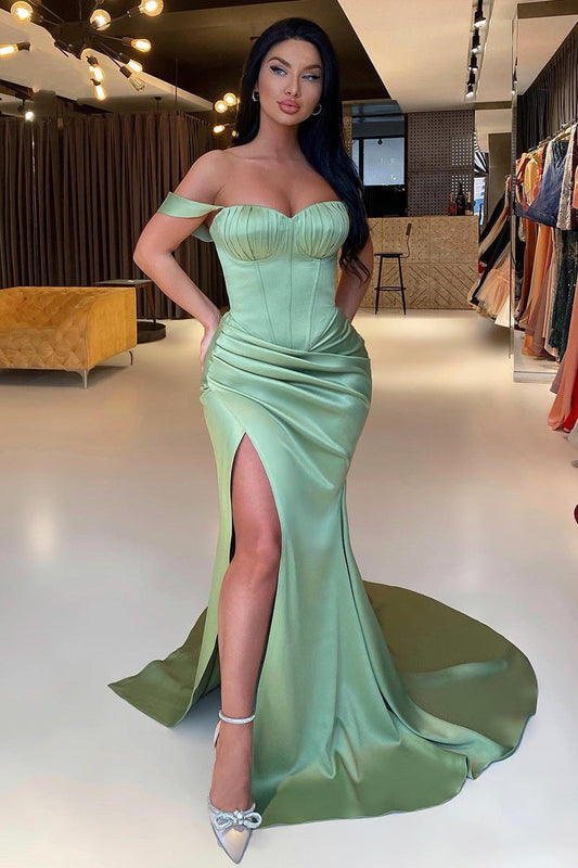 Gorgeous Sage Green Off The Shoulder Prom Dress Mermaid Slit