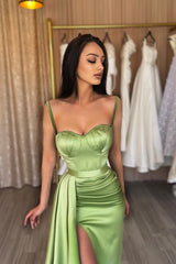 Gorgeous Spaghetti Straps Sage Green Prom Dress Mermaid Split Long