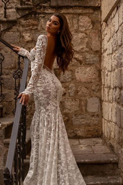 Ivory Wedding Dress Mermaid Lace Long Sleeves Bridal Dress