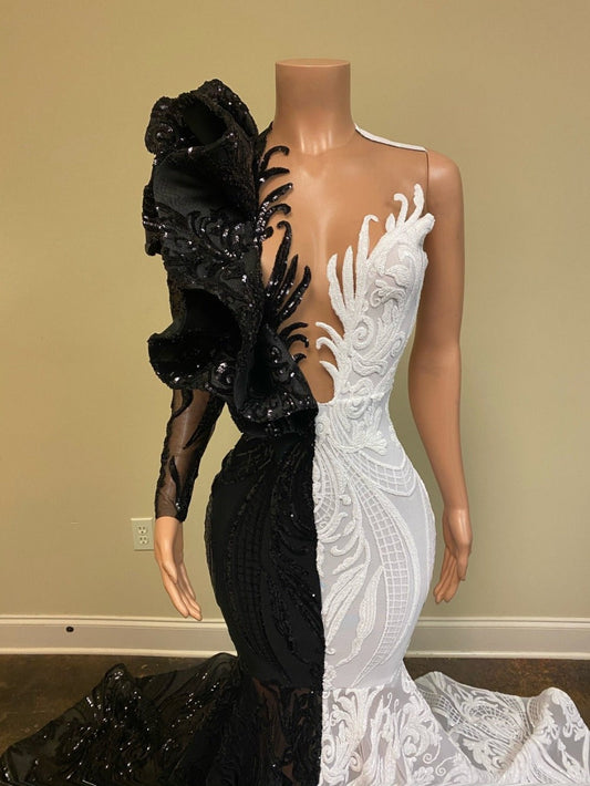 Hot Half Black Half White One Shoulder Long Sleeves Mermaid Prom Dress