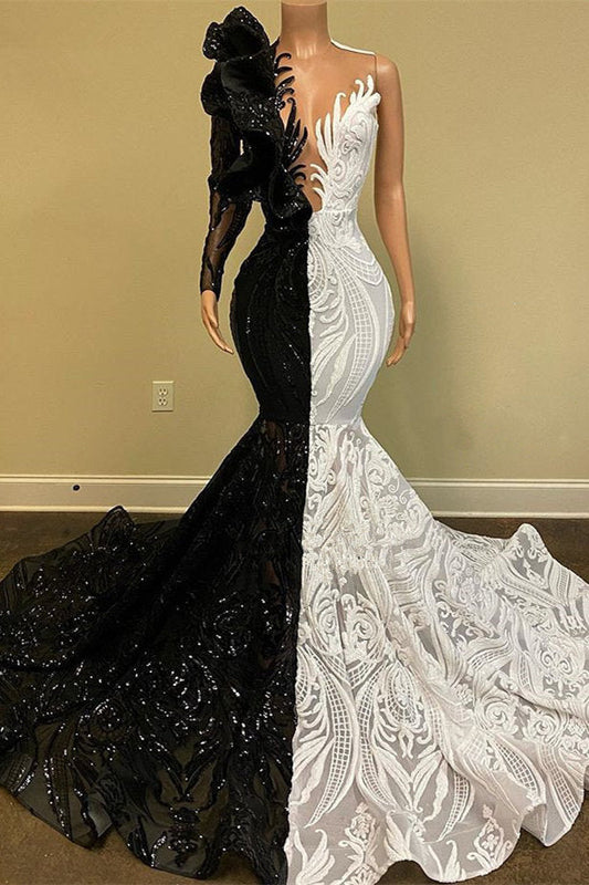 Hot Half Black Half White One Shoulder Long Sleeves Mermaid Prom Dress