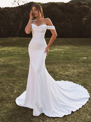 Sheath Off-the-Shoulder Pleated Cathedral Train Stretch Crepe Wedding Dress