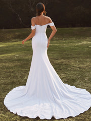 Sheath Off-the-Shoulder Pleated Cathedral Train Stretch Crepe Wedding Dress