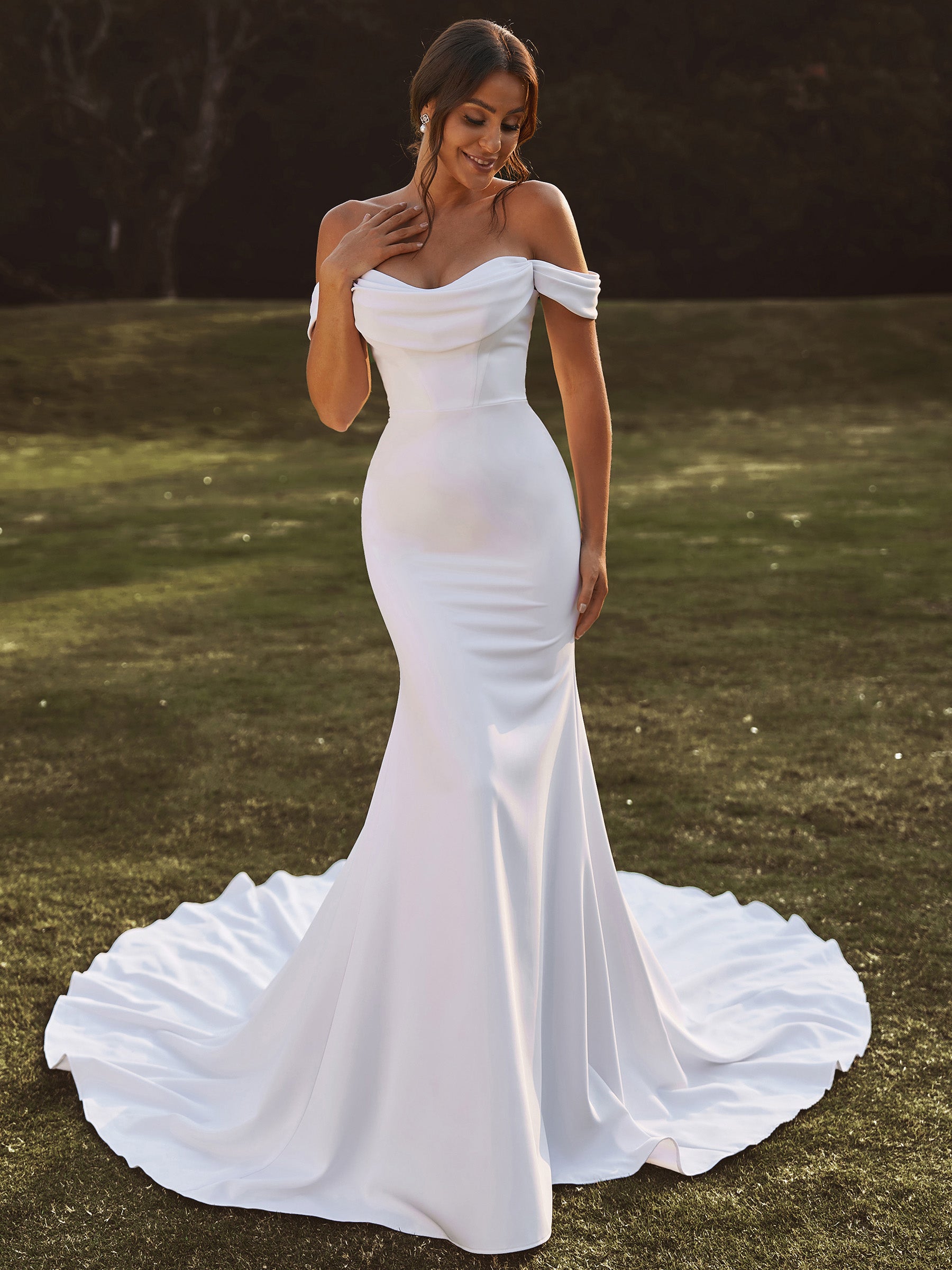 Sheath Off-the-Shoulder Pleated Cathedral Train Stretch Crepe Wedding Dress