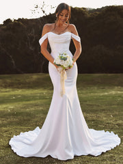 Sheath Off-the-Shoulder Pleated Cathedral Train Stretch Crepe Wedding Dress