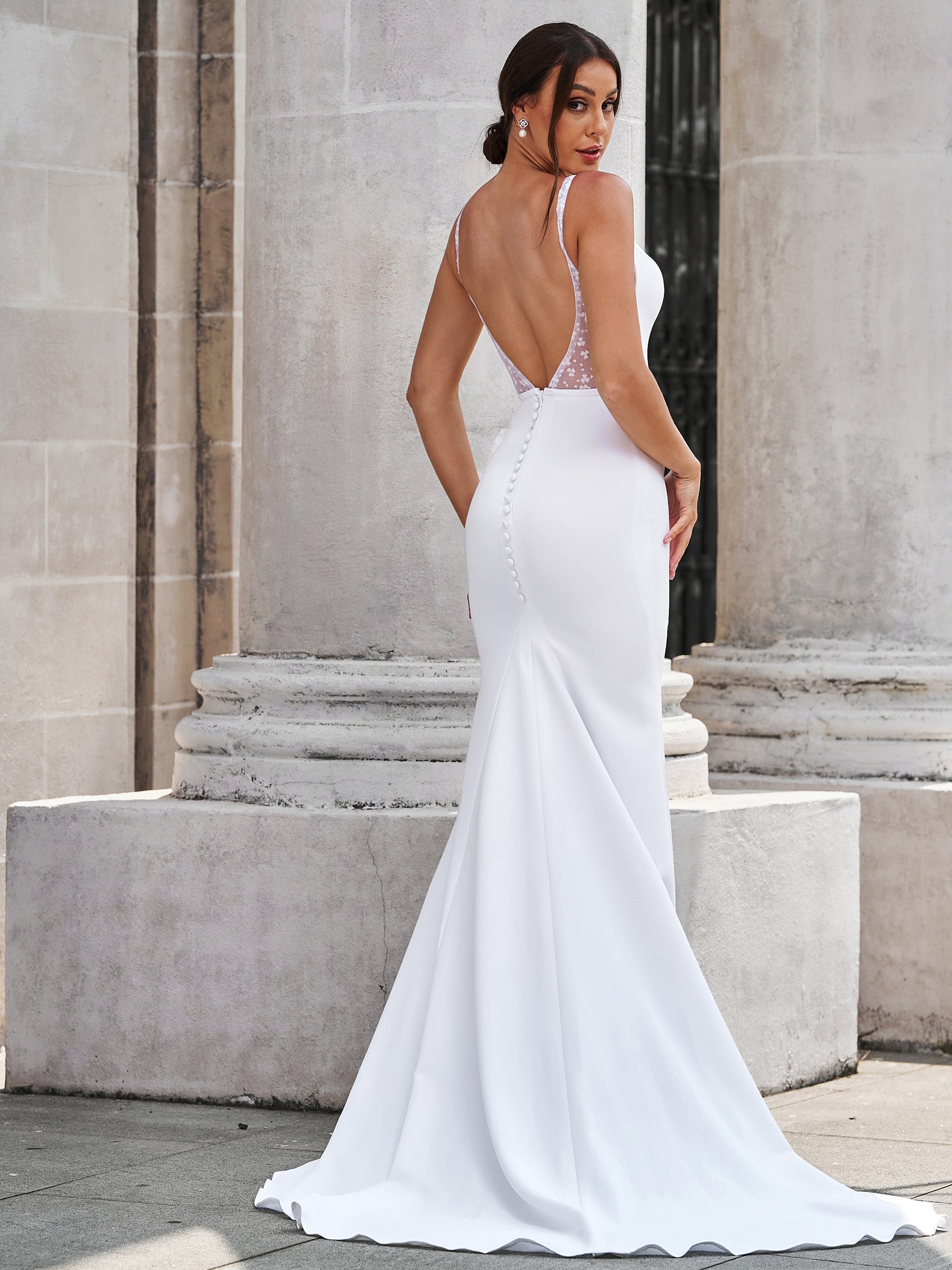 Sheath V-neck Appliques Lace Court Train Stretch Crepe Wedding Dress