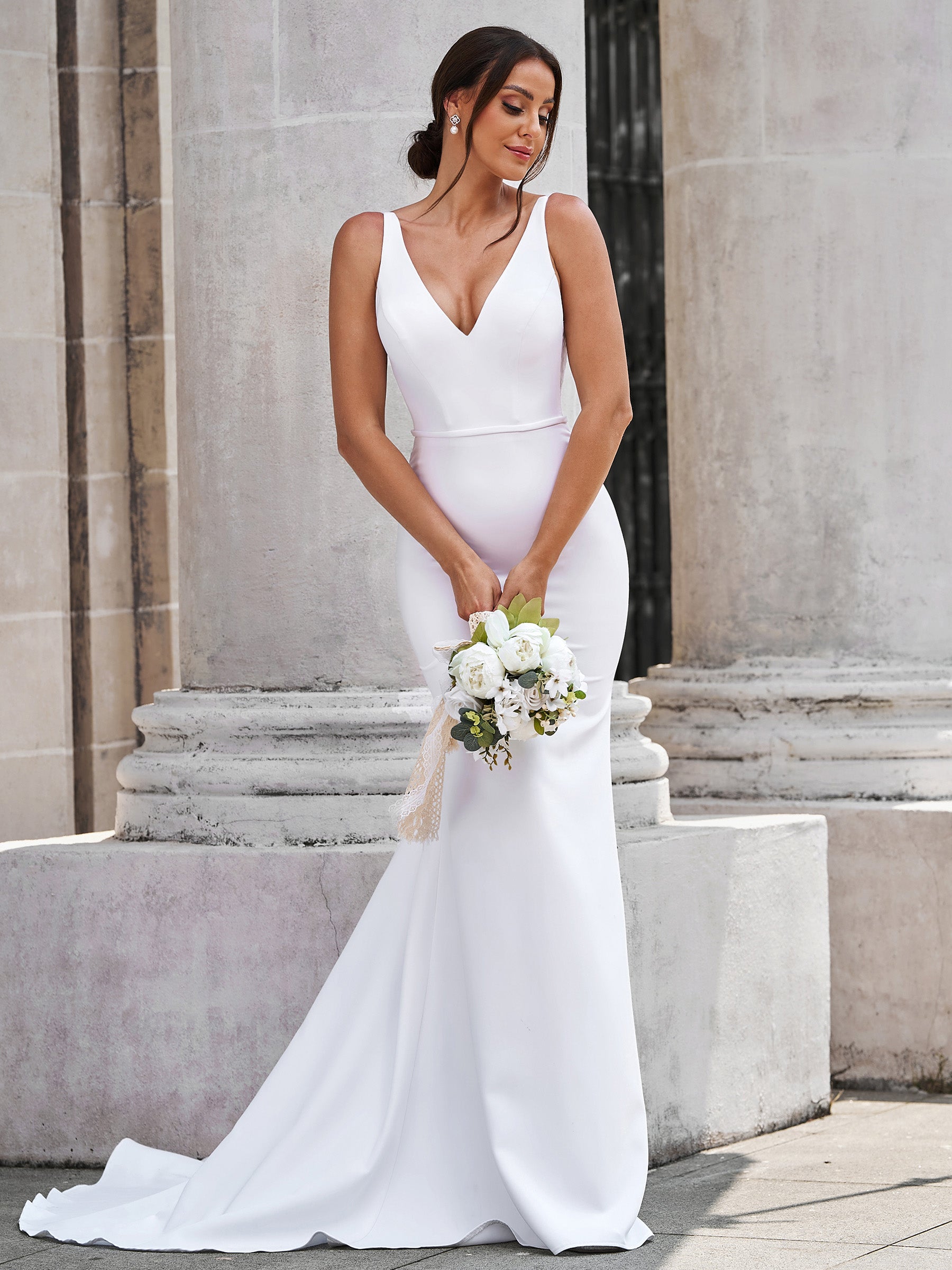 Sheath V-neck Appliques Lace Court Train Stretch Crepe Wedding Dress
