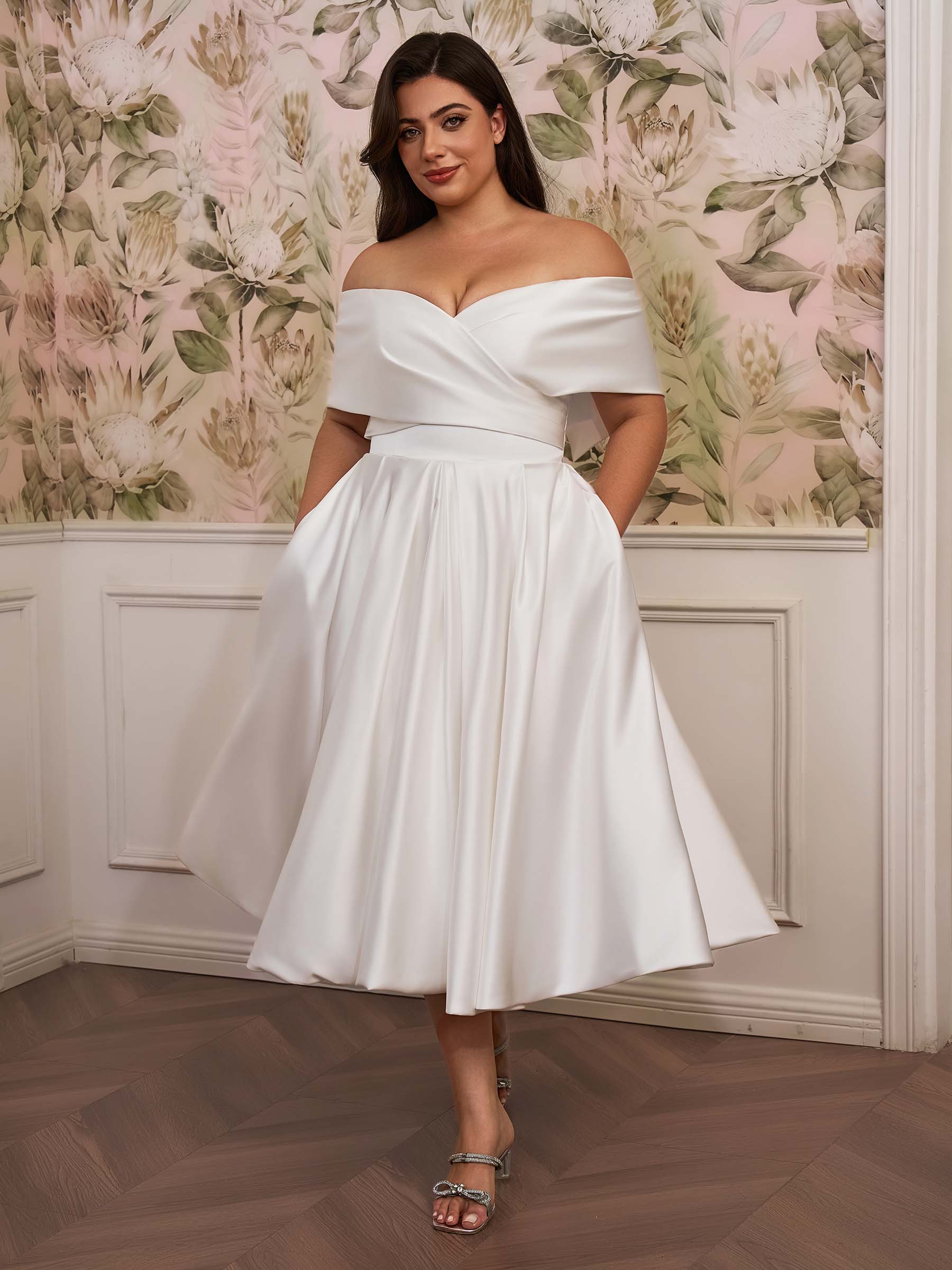 A-line Off-the-Shoulder Pleated Tea-Length Satin Corset Plus Size Wedding Dress