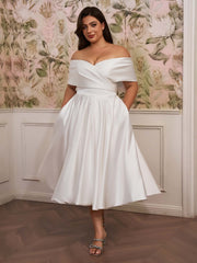 A-line Off-the-Shoulder Pleated Tea-Length Satin Corset Plus Size Wedding Dress