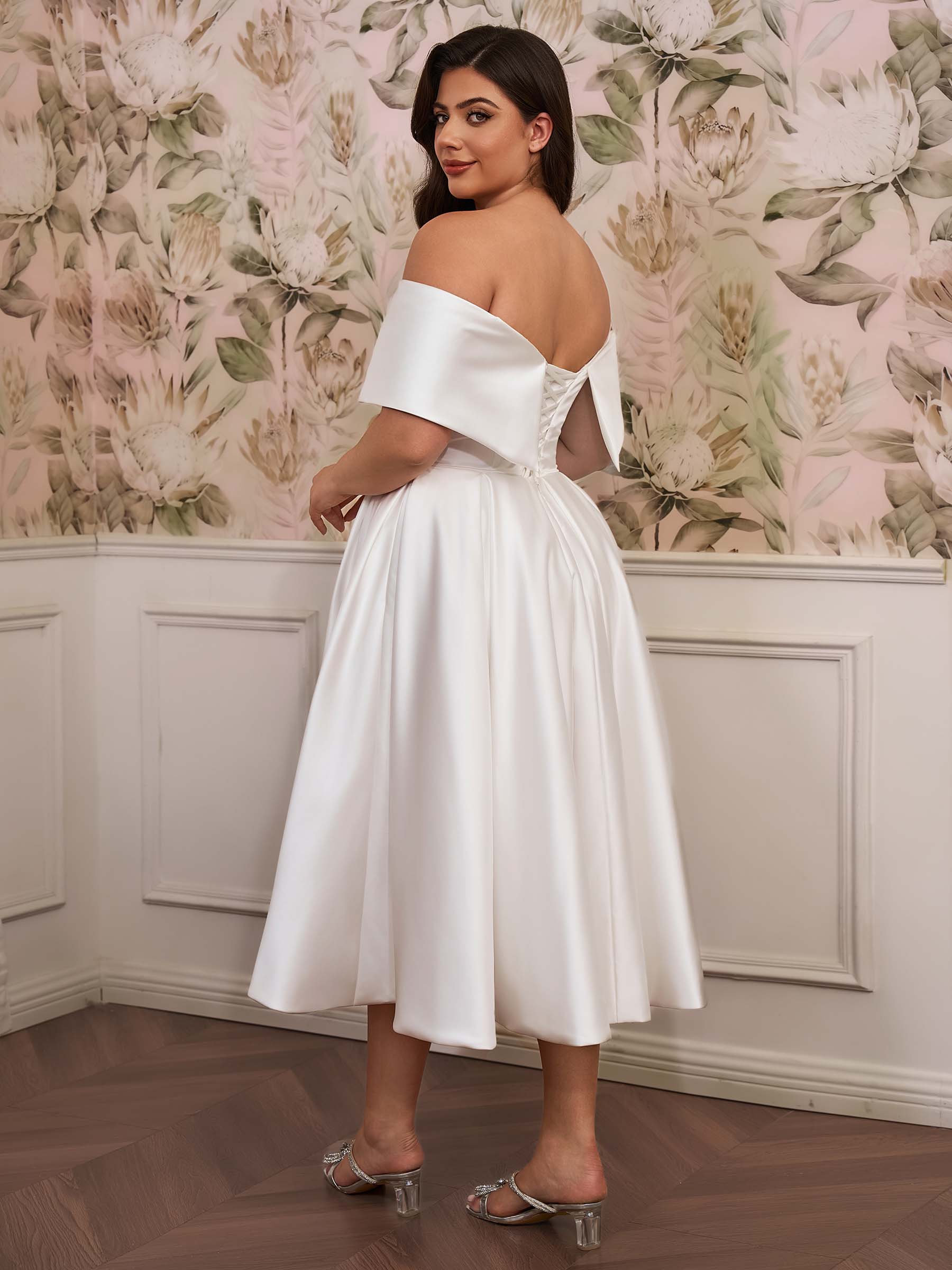A-line Off-the-Shoulder Pleated Tea-Length Satin Corset Plus Size Wedding Dress