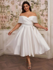 A-line Off-the-Shoulder Pleated Tea-Length Satin Corset Plus Size Wedding Dress