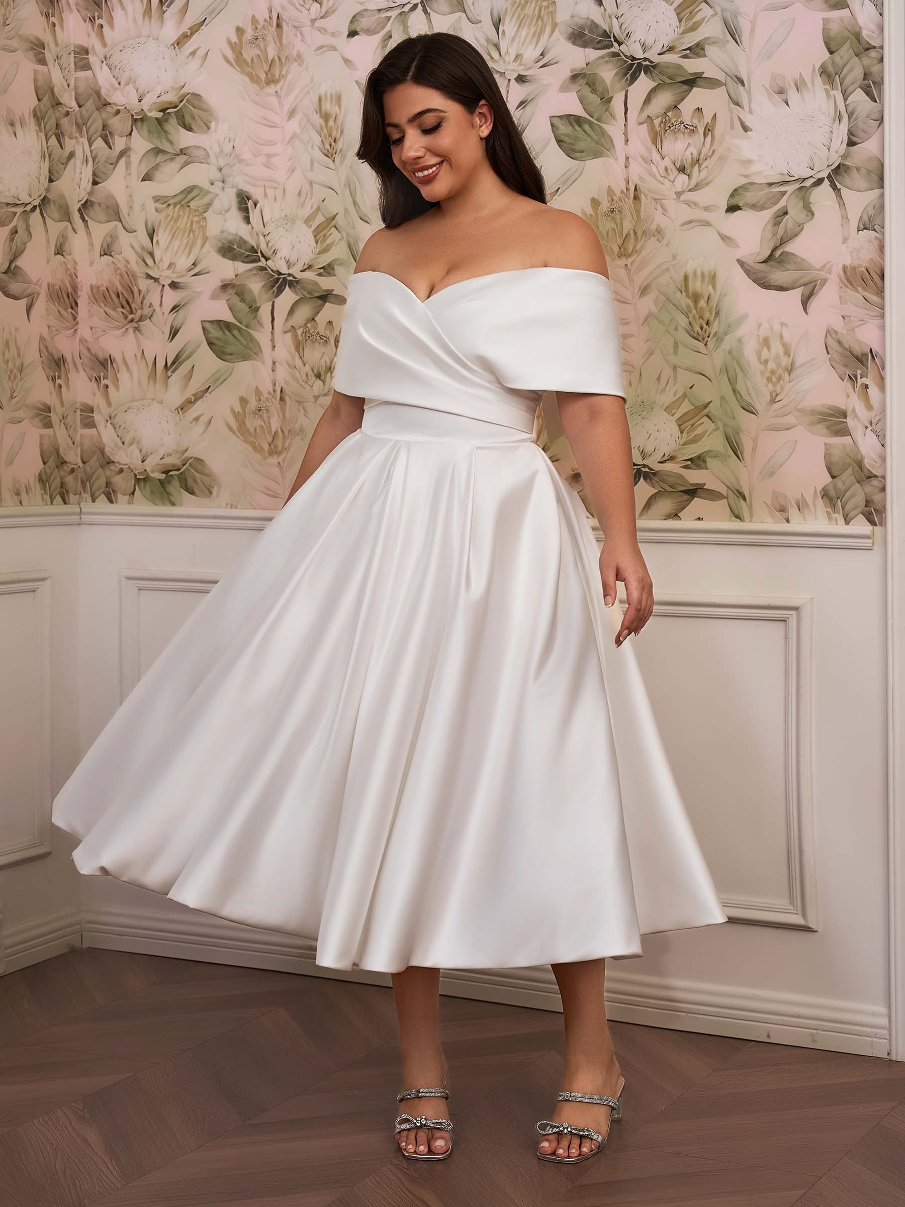 A-line Off-the-Shoulder Pleated Tea-Length Satin Corset Plus Size Wedding Dress