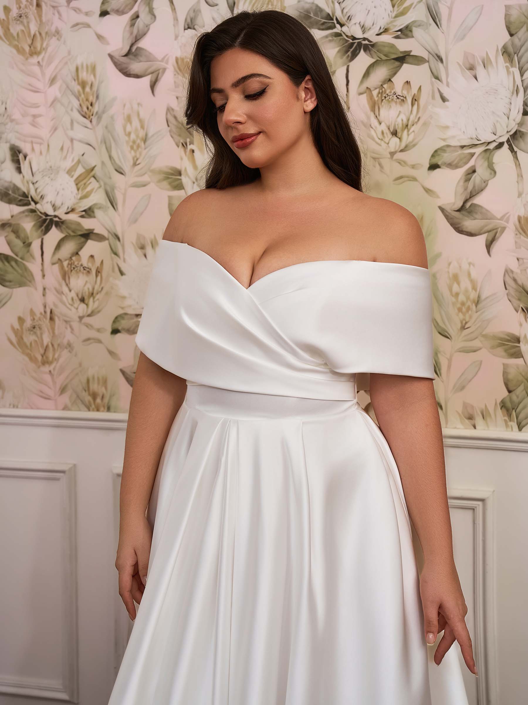 A-line Off-the-Shoulder Pleated Tea-Length Satin Corset Plus Size Wedding Dress
