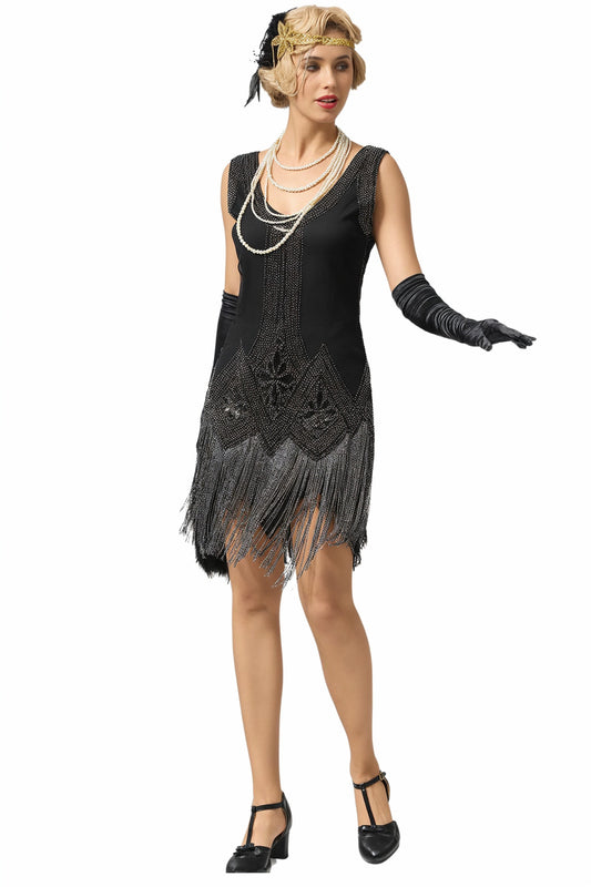 Black Sequin 1920s Dress Scoop Neck Fringe Flapper Dress