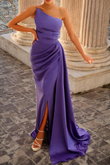 Purple Prom Dress One Shoulder Satin Evening Dress with Panel Train