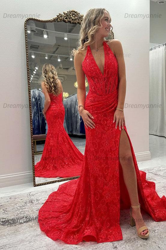 Dreamyannie Halter Pink Prom Dress Long Lace Formal Dress With Slit