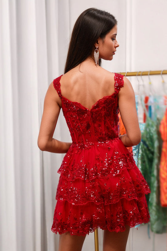 Red Sparkly Corset Tiered Lace A-Line Homecoming Dress