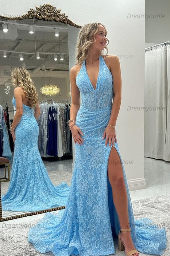 Dreamyannie Halter Pink Prom Dress Long Lace Formal Dress With Slit
