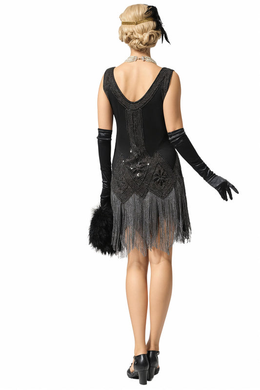 Black Sequin 1920s Dress Scoop Neck Fringe Flapper Dress