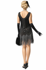 Black Sequin 1920s Dress Scoop Neck Fringe Flapper Dress