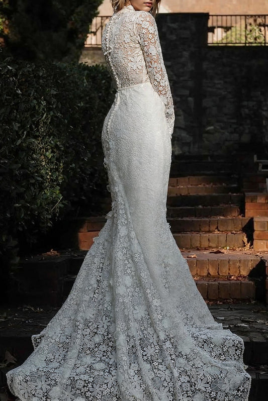 Ivory Lace Wedding Dress High Neck Tulle Appliques Bridal Dress with Sweep Train