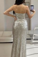 Silver Mermaid Sequin Prom Dress Strapless Evening Dress with Slit