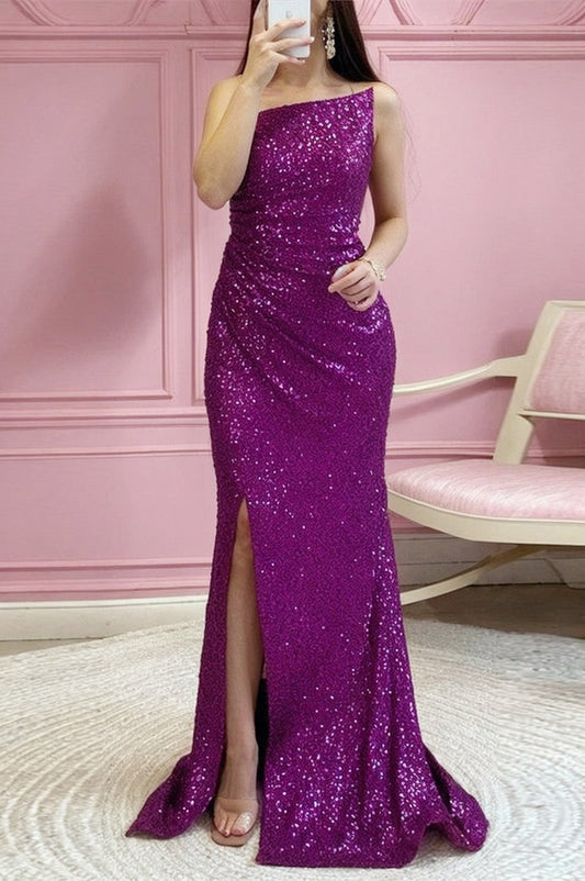 Silver Mermaid Sequin Prom Dress Strapless Evening Dress with Slit